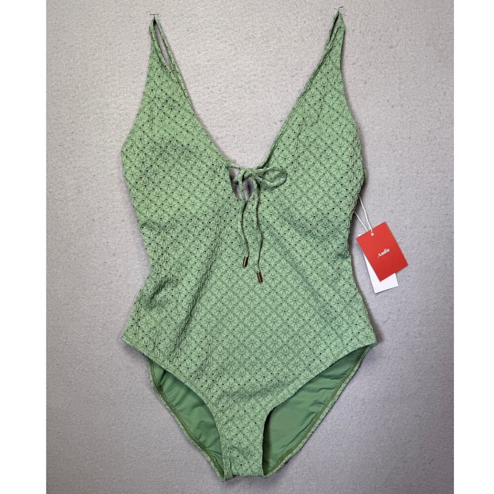 Andie Women's Sicily Tie-Neck Pointelle Swimsuit Eucalyptus Medium $134